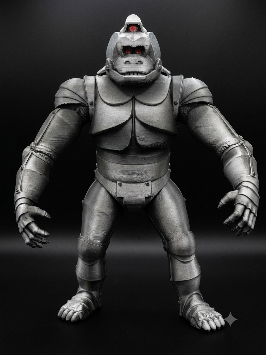 Armored gorilla — silver FDM print with red glowing eyes