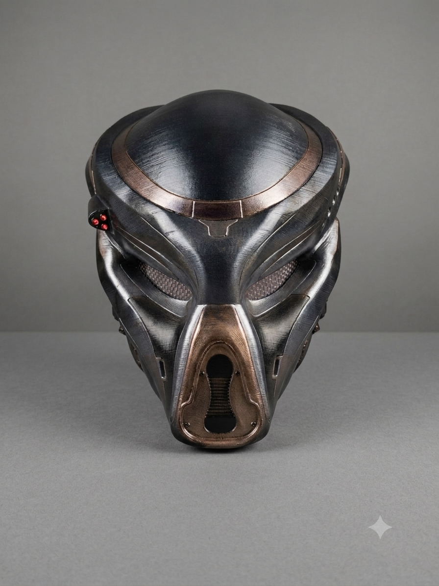 Predator-style tactical mask — dark metallic finish with red sensors